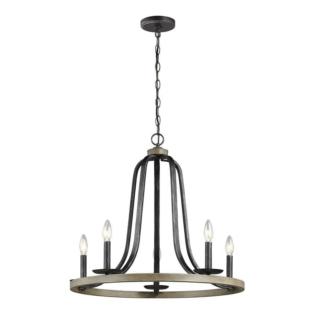Rustic 5 Light Dimmable Farm Home Circle Metal Chandelier Oak Finish-2
