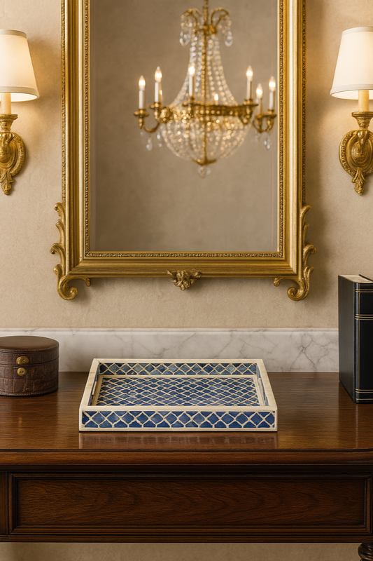 Azure Marquetry Bone Inlay Tray – 12" Artisan Geometric Design