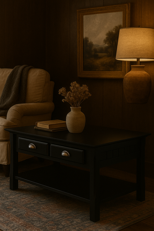 The Hawthorne Table – Country Style Black Wood Coffee Table with Storage Drawers