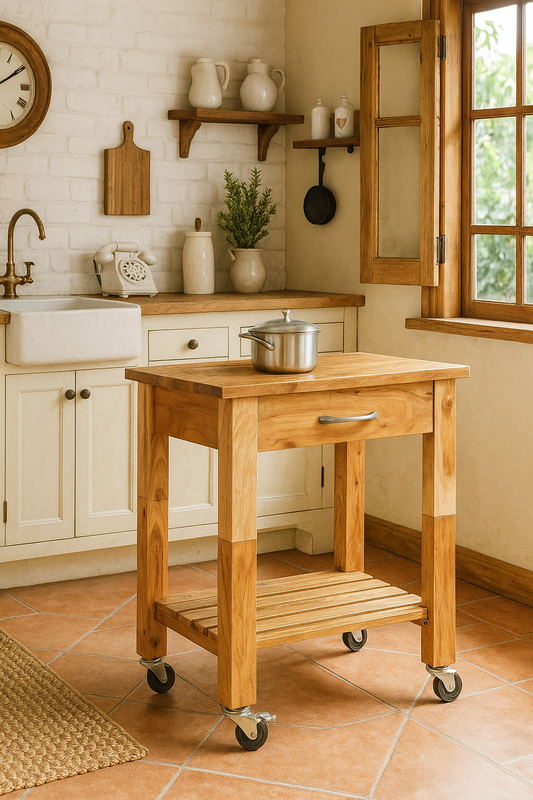 Compact Solid Acacia Wood Kitchen Cart – Rolling Trolley Stand