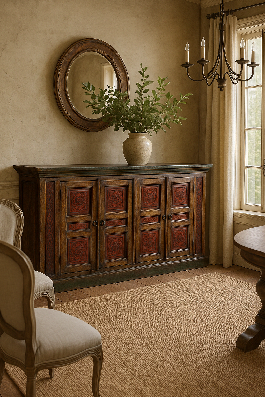 Unique Brown and Black Solid Wood Buffet Storage Vessel with Four Doors
