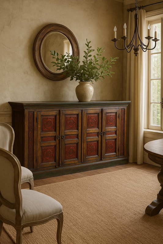 Unique Brown and Black Solid Wood Buffet Storage Vessel with Four Doors