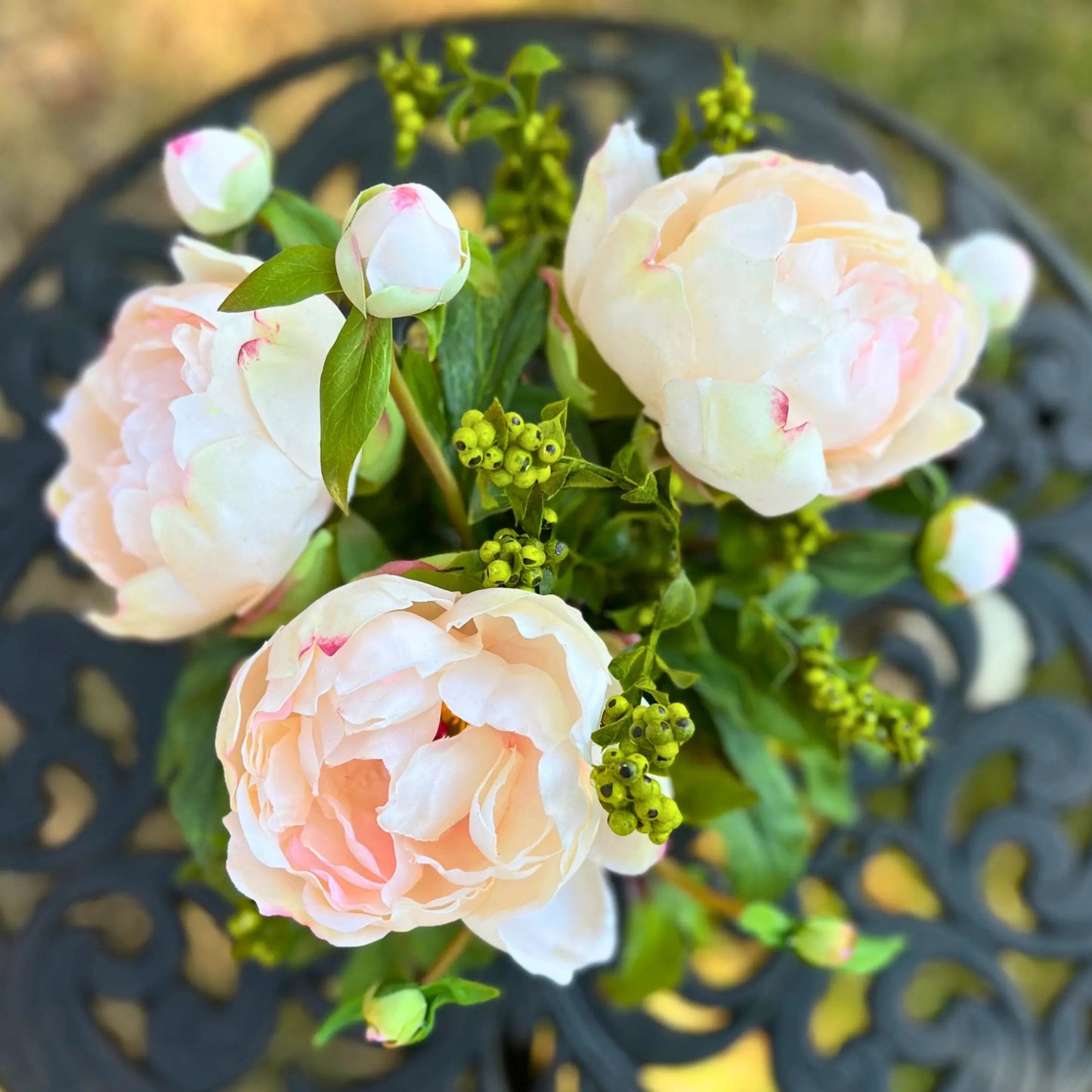 Faux peony arrangement in glass vase - 10"-3