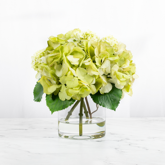 Silk hydrangea centerpiece arrangement in glass vase-0