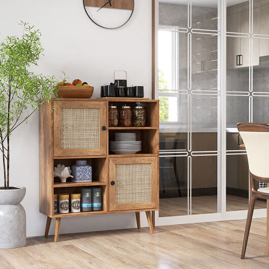 Rattan Buffet Cabinet with 2 Doors and 2 Cubbies-Natural-1