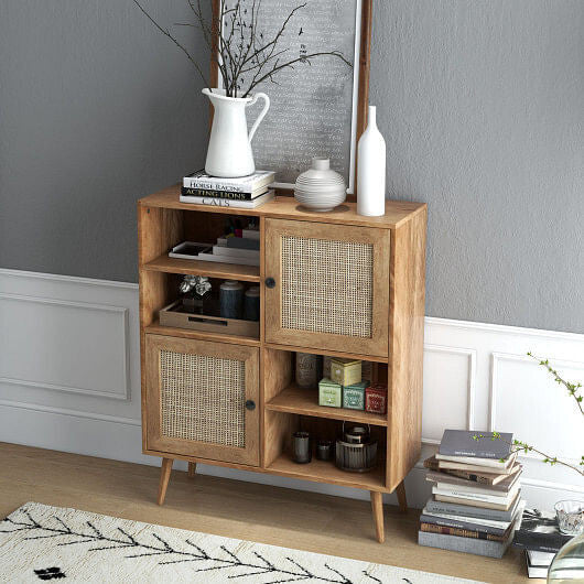 Rattan Buffet Cabinet with 2 Doors and 2 Cubbies-Natural-3