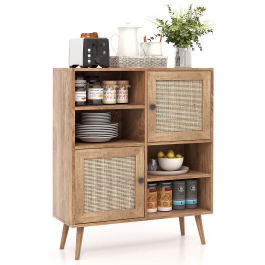Rattan Buffet Cabinet with 2 Doors and 2 Cubbies-Natural-0