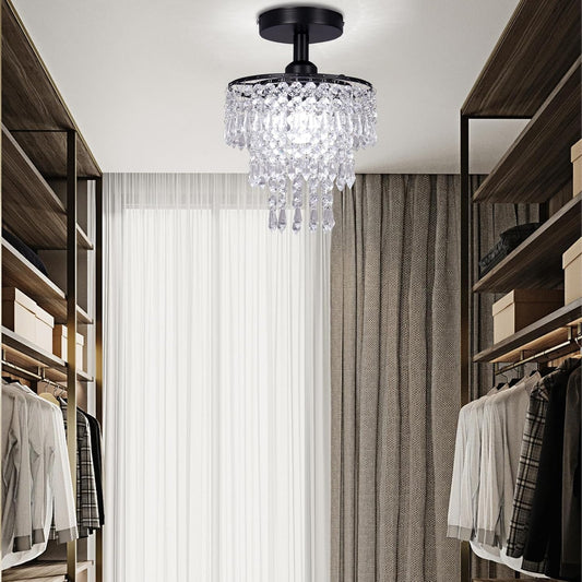 Small Crystal Chandelier Flush Mount Ceiling Light 3 Tiers Raindrops Crystal Chandeliers for Bedroom Hallway Foyer Living Room Entryway Closet,Black-2