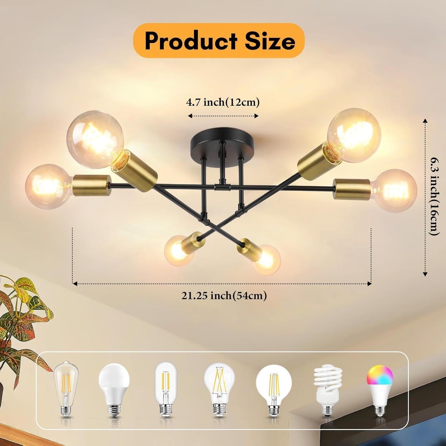 Modern Sputnik Chandelier, 6-Light Farmhouse Semi Flush Mount Ceiling Light Fixtures, Industrial Chandeliers for Dining Room Kitchen Bedroom Living Room Hall Foyer Entryway (Black and Gold) - E26 Base-1