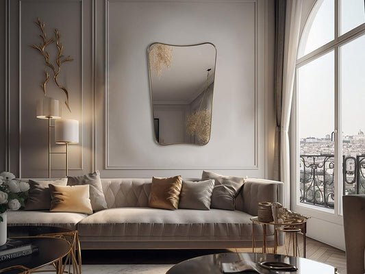 Gold Mirror, 24X36 Irregular Wall Mirror, Gold Antique Bathroom Vanity Mirror, Scalloped Mirror, Asymmetrical Mirror in Stainless Steel Metal Frame Wall Mount Horizontal or Vertical-1