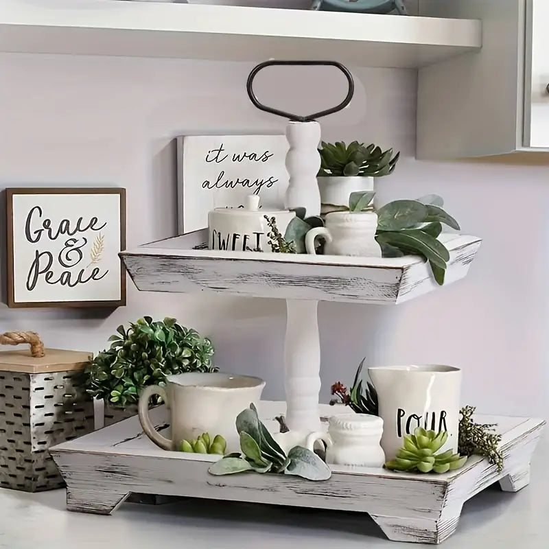 Rustic Wood Tiered Tray Stand - Farmhouse Chic Daily Decor-4