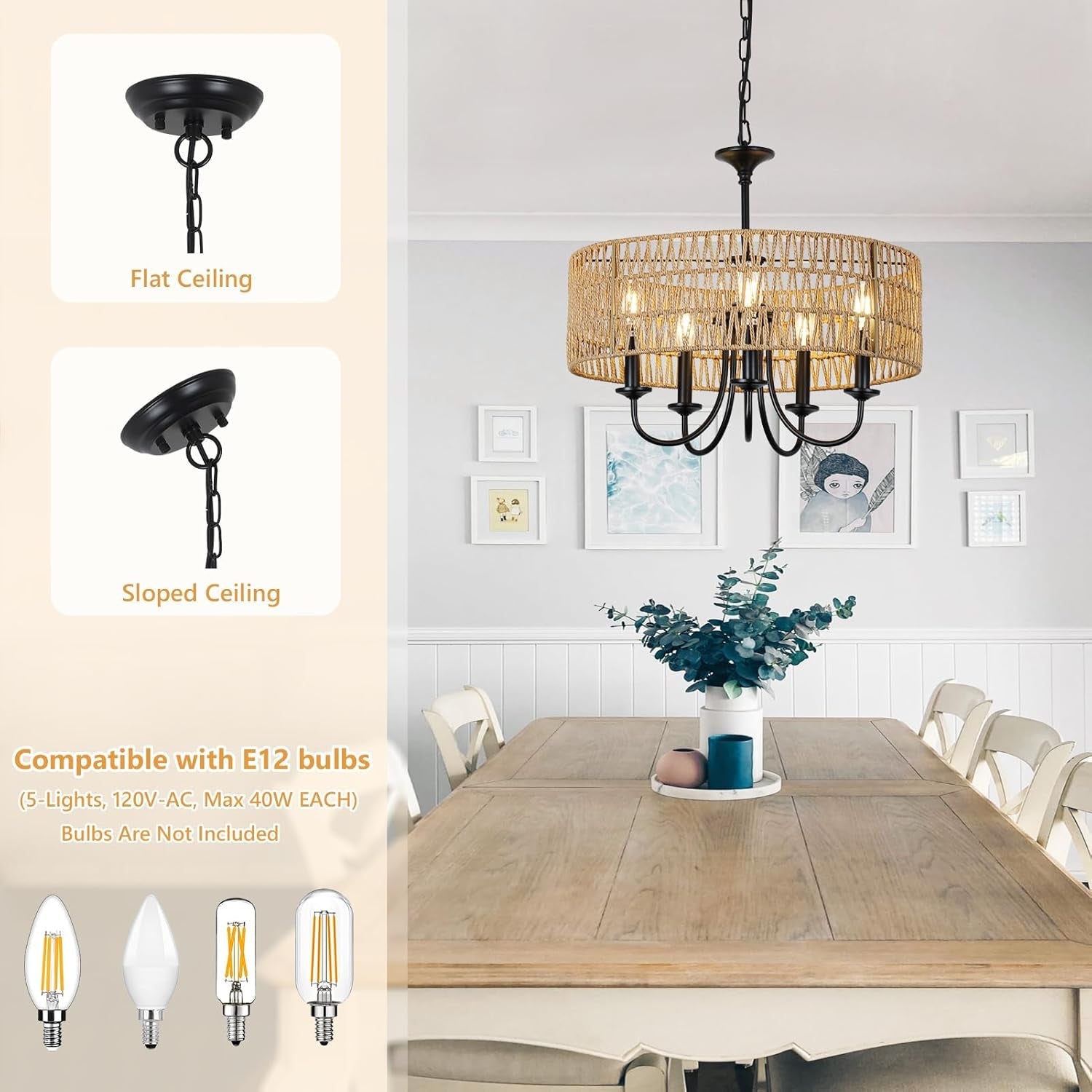 Modern Farmhouse Chandelier Light Fixtures, 5-Lights Large Rattan Pendant Lighting with Hand Woven Wicker Shade, Boho Black Chandeliers for Dining Room Living Room Kitchen Island Bedroom-4