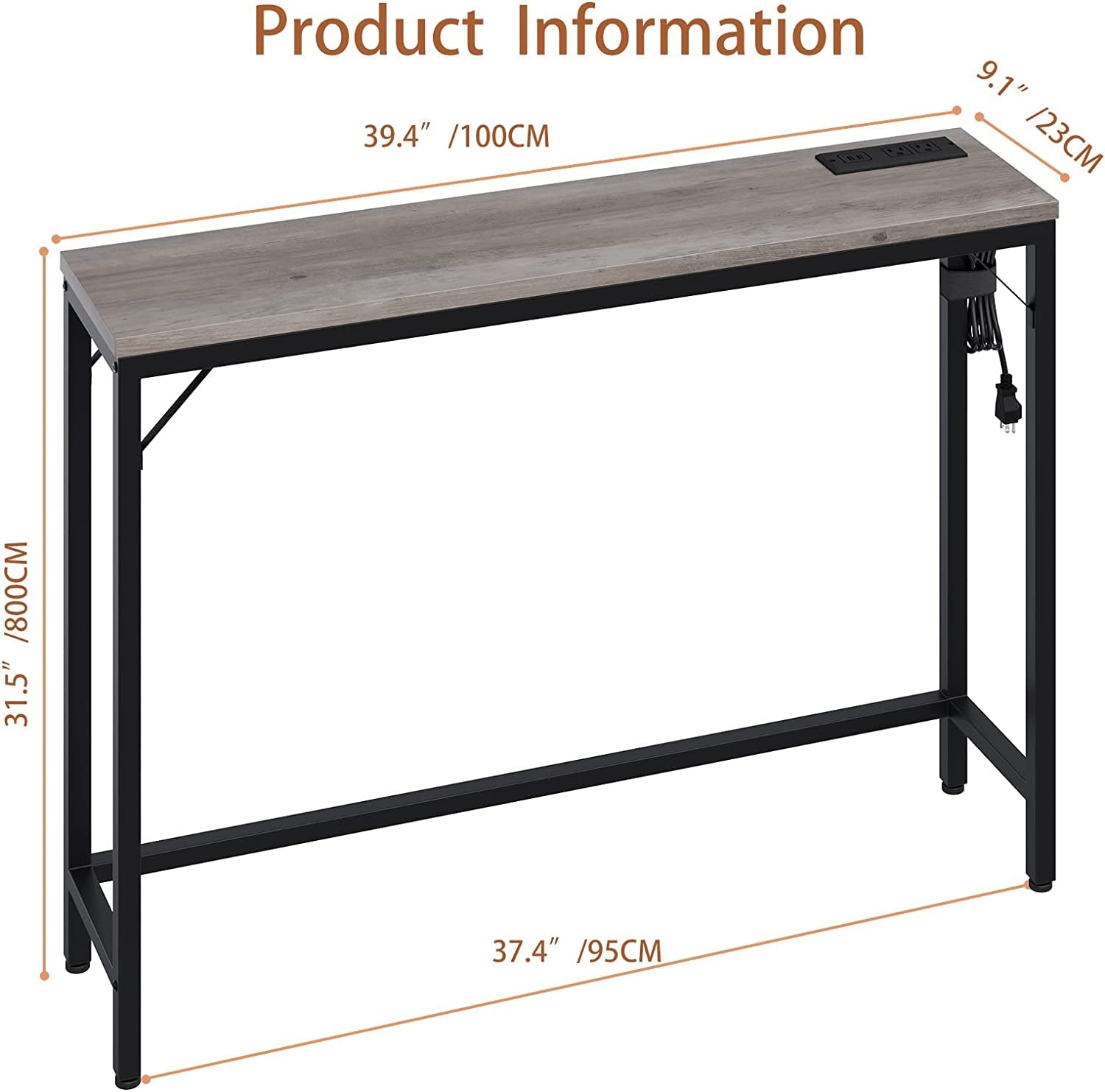 Industrial Grey Console Table with Charging Station-2