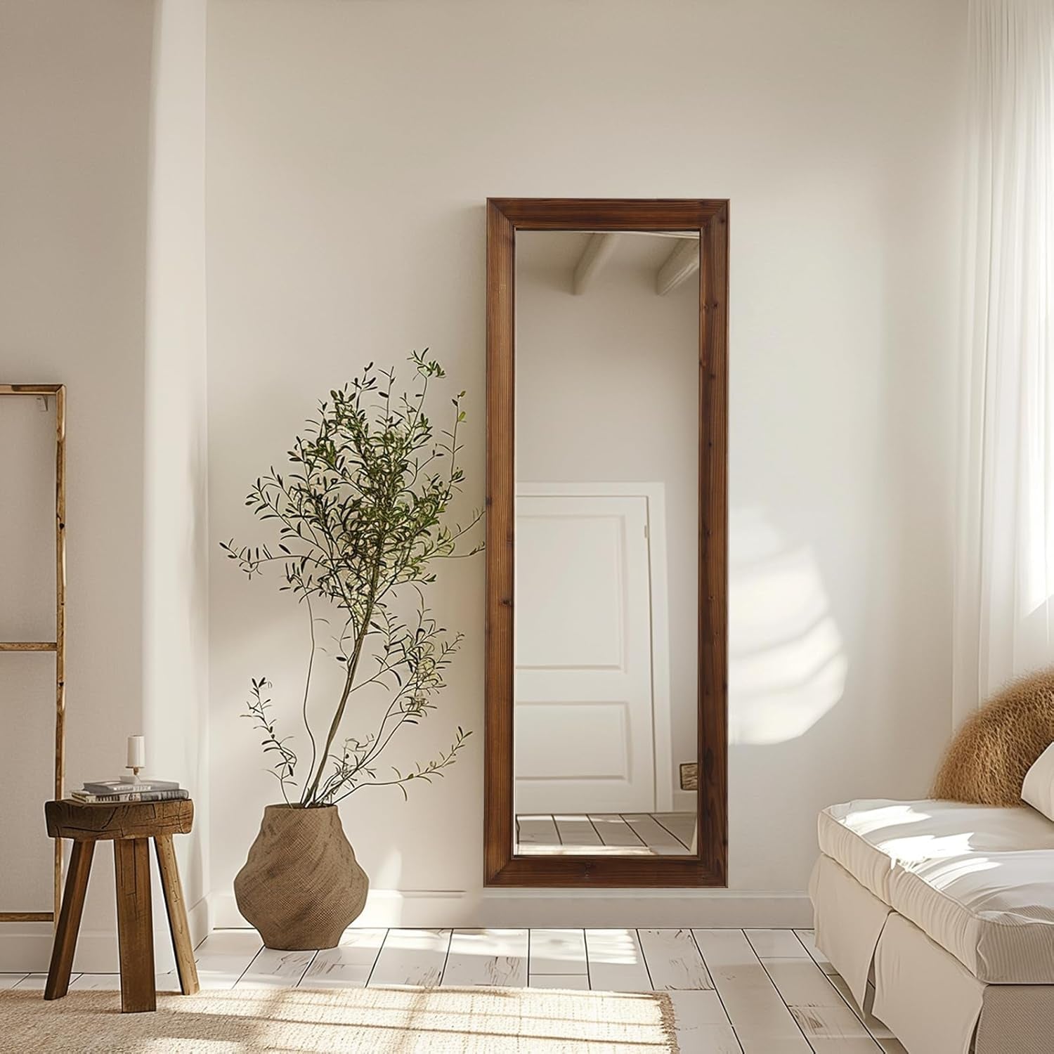 Rustic Farmhouse Full Length Mirror, 64"X21" Wood Frame Floor Mirror, Free Standing Mirror Leaning Hanging Mirror, Long Mirror for Bedroom Living Room Cloakroom, Wood-2