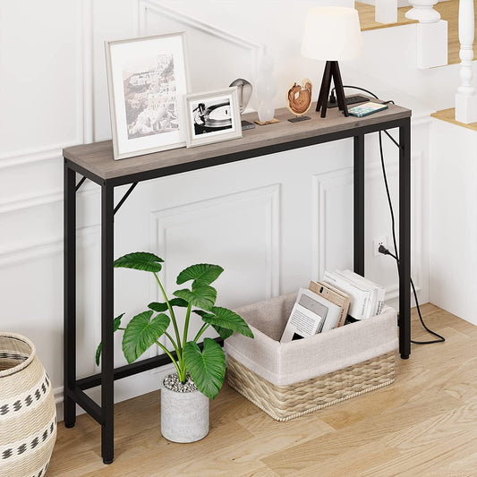 Industrial Grey Console Table with Charging Station-0
