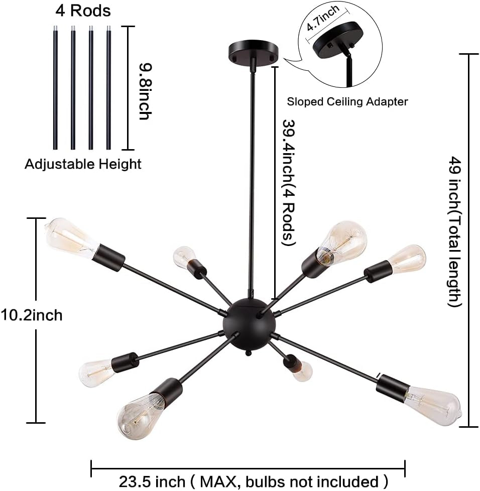 Black Sputnik Chandeliers, 8 Lights Sputnik Light Fixtures Ceiling Hanging, Mid Century Modern Pendant Lighting for Kitchen Island Living Room Bedroom Dining Room Light Fixture-2