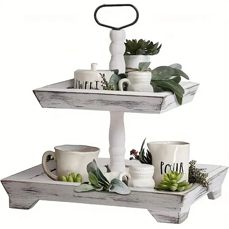 Rustic Wood Tiered Tray Stand - Farmhouse Chic Daily Decor-2