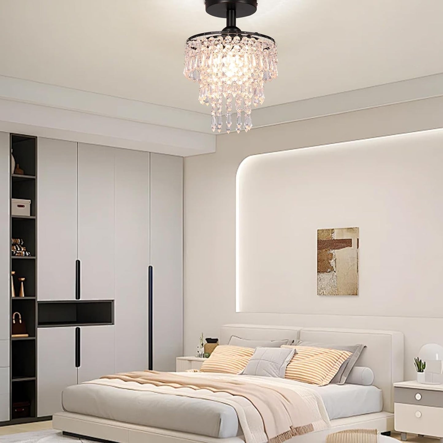 Small Crystal Chandelier Flush Mount Ceiling Light 3 Tiers Raindrops Crystal Chandeliers for Bedroom Hallway Foyer Living Room Entryway Closet,Black-0