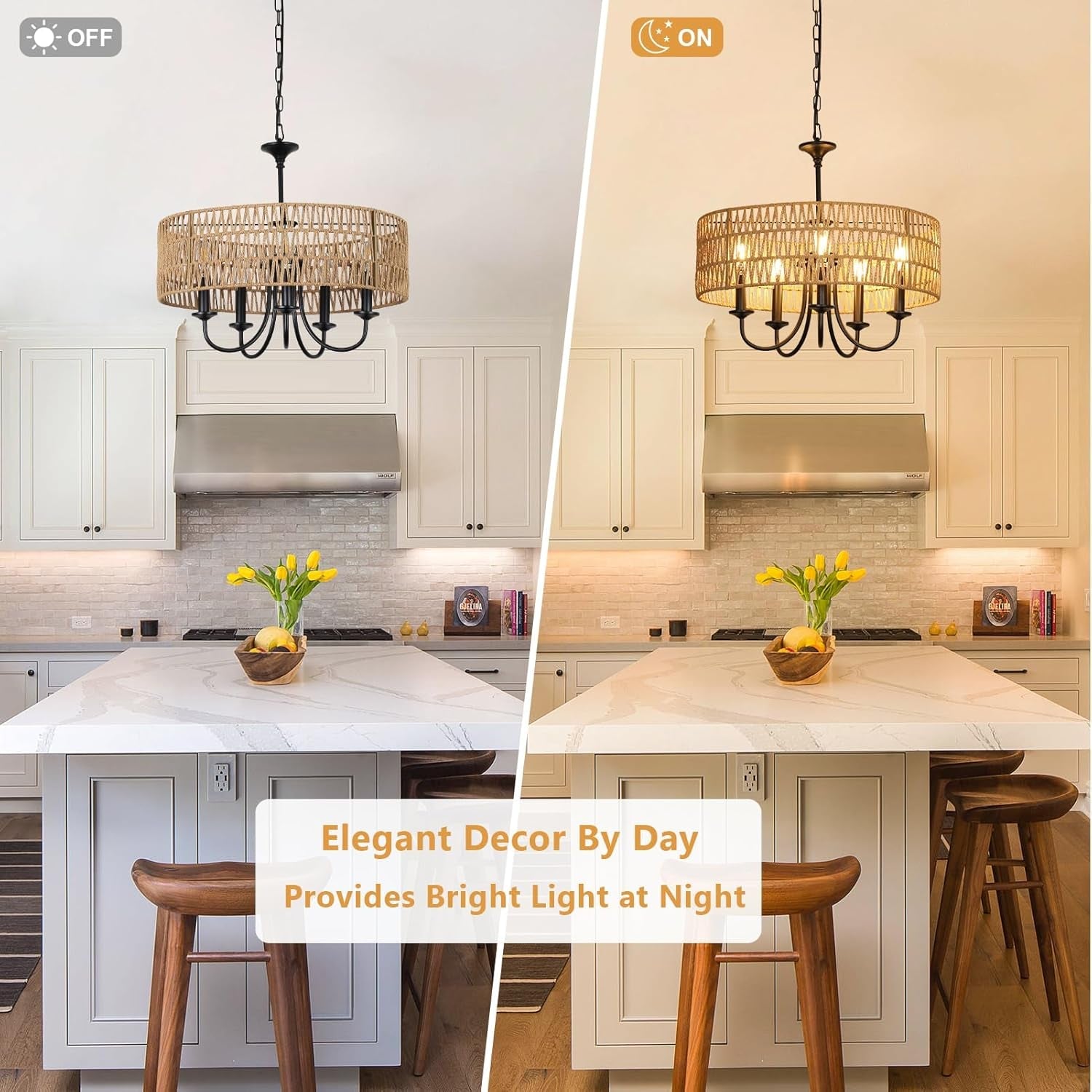 Modern Farmhouse Chandelier Light Fixtures, 5-Lights Large Rattan Pendant Lighting with Hand Woven Wicker Shade, Boho Black Chandeliers for Dining Room Living Room Kitchen Island Bedroom-2