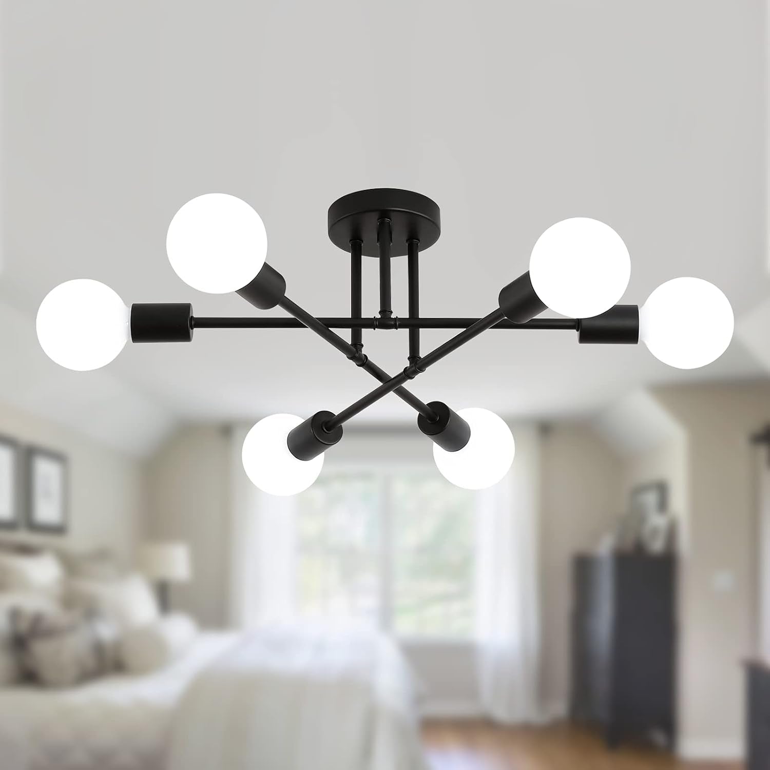 Black Modern Sputnik Chandelier Ceiling Light Fixtures,6-Lights Industrial Metal Semi Flush Mount Ceiling Light for Bedroom Dining Room Living Room Kitchen Hallway UL Listed-1