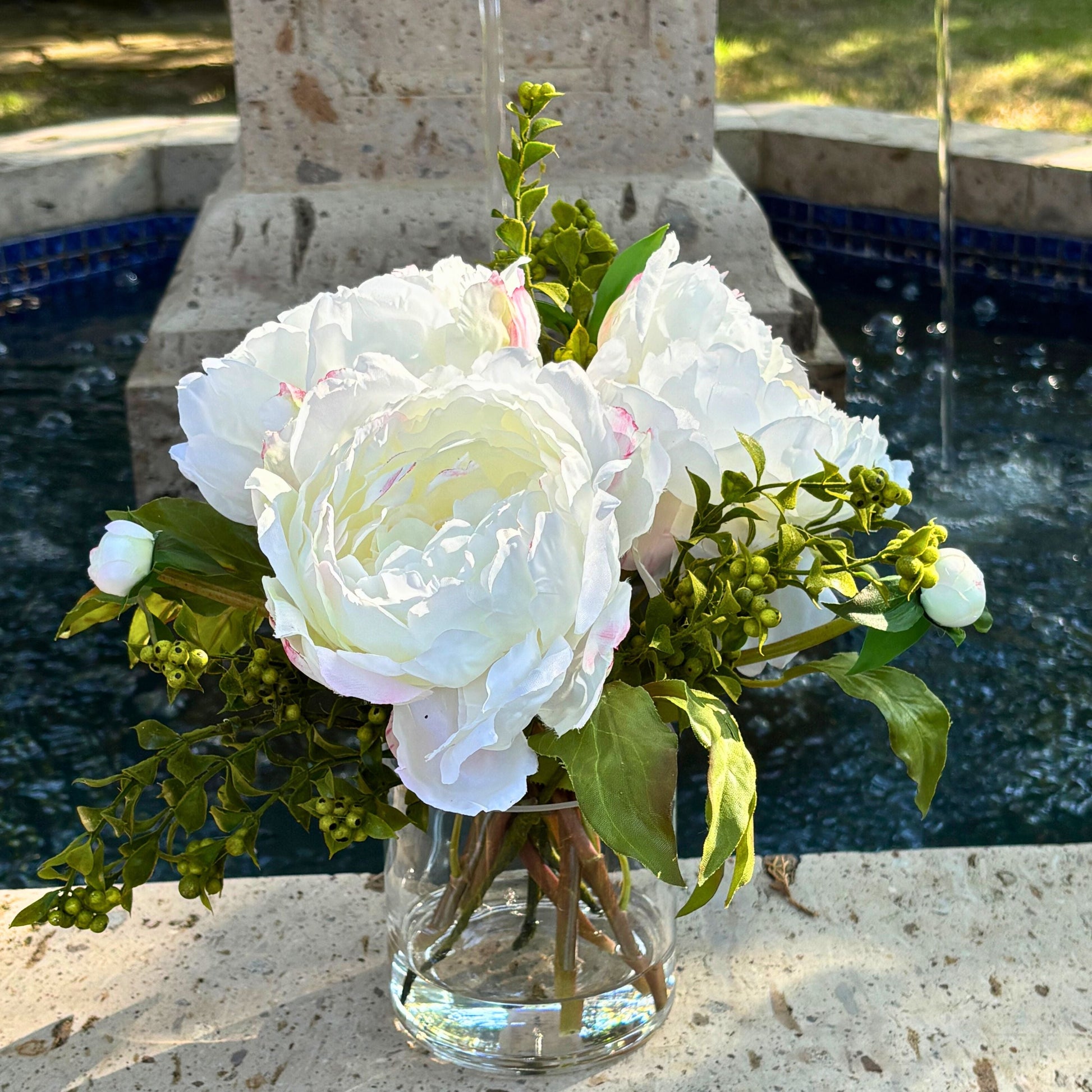 Faux peony arrangement in glass vase - 10"-3