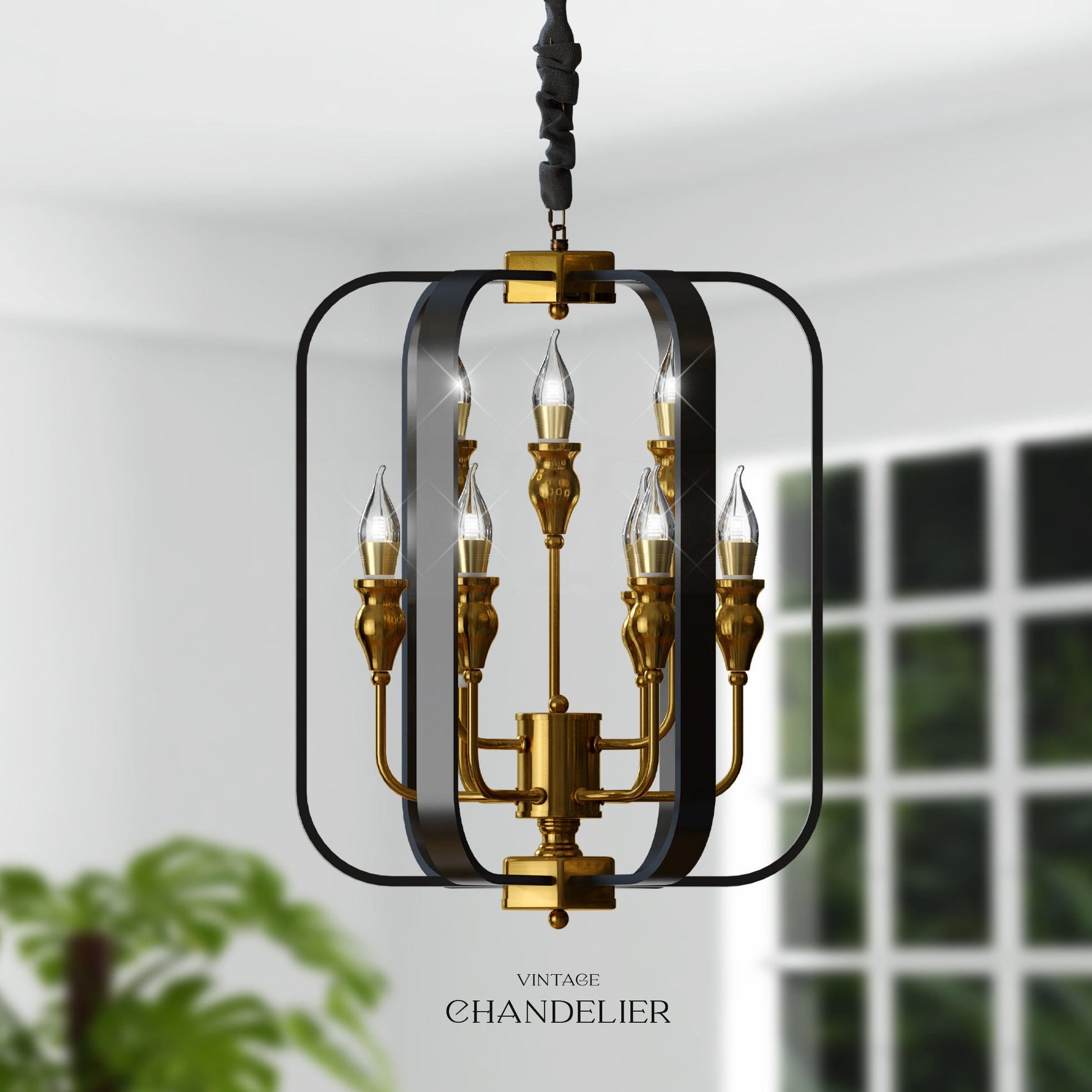 Lantern Black Metal Chandeliers 9-Light Adjustable Height Farmhouse Ceiling Chandelier~4622-0