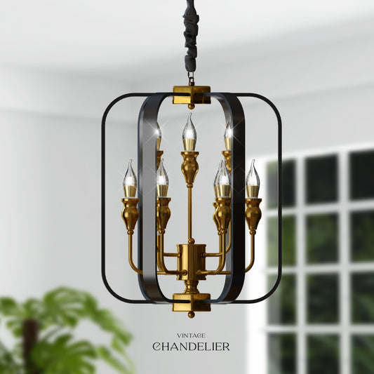 Lantern Black Metal Chandeliers 9-Light Adjustable Height Farmhouse Ceiling Chandelier~4622-0
