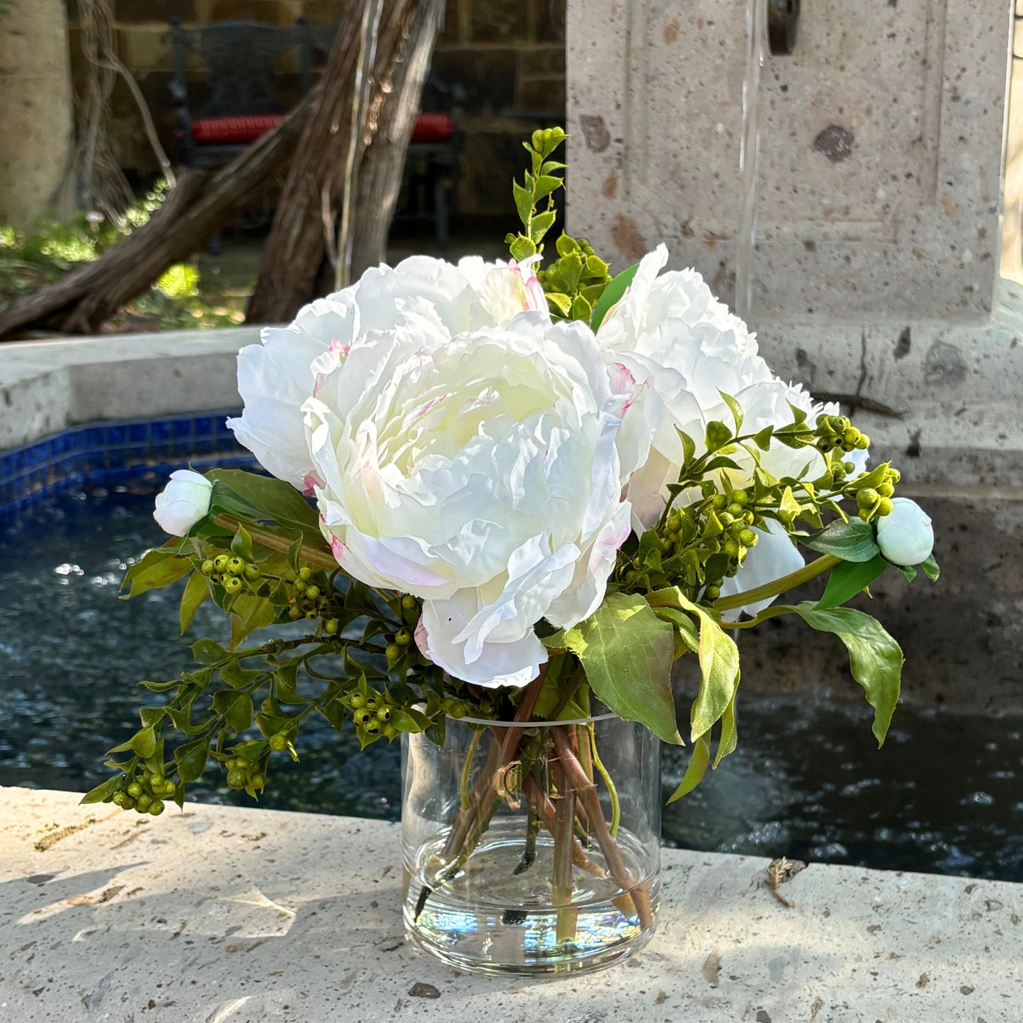 Faux peony arrangement in glass vase - 10"-0