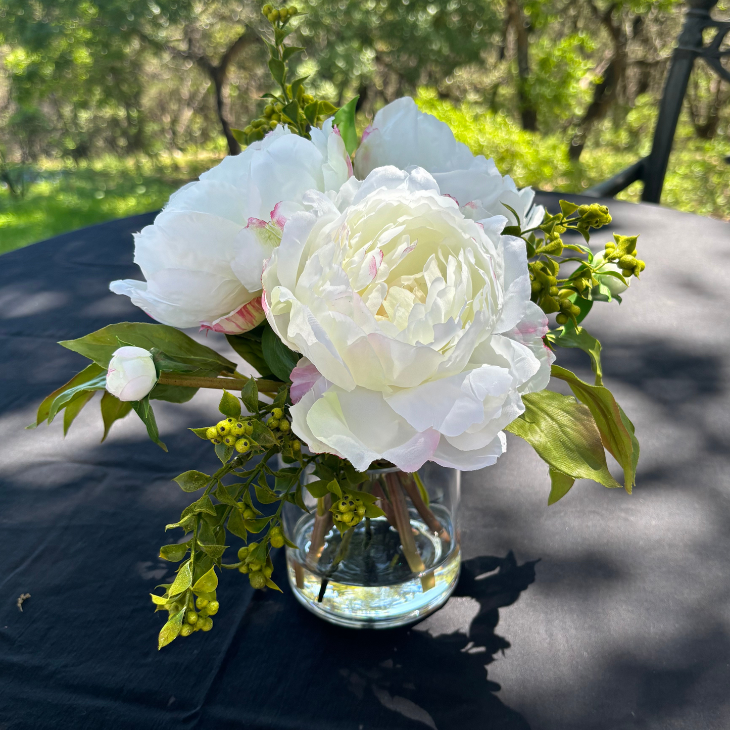 Faux peony arrangement in glass vase - 10"-4